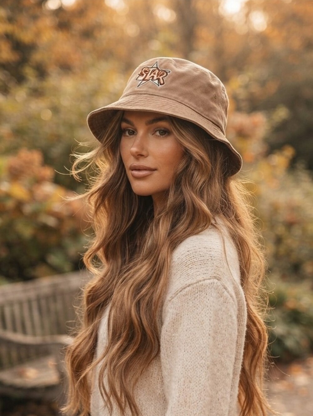 Bucket Hat Khaki Brown 'Star' Embroidered Fisherman Cap Unisex